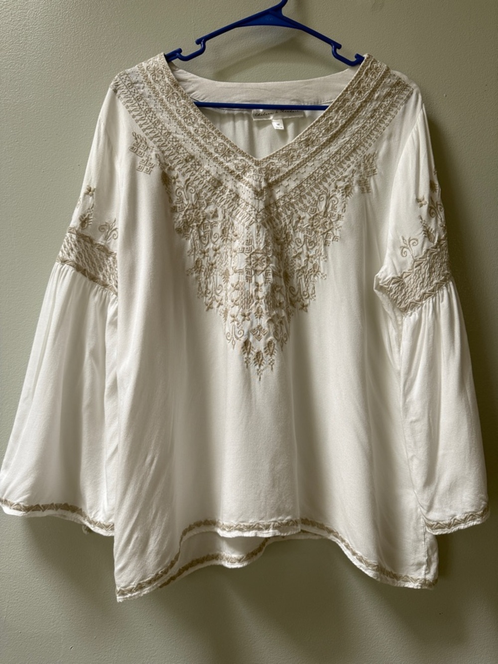 Chelsea & Theodore Embroidered Rayon Top With Bell Sleeves